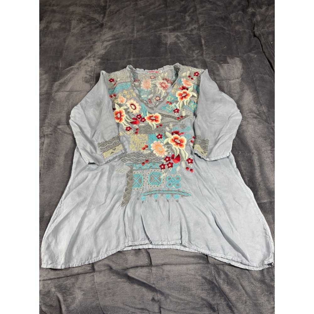 Johnny Was Womens Embroidered Silk Blend Tunic Blouse Blue Floral V-Neck Size M - Picture 1 of 8